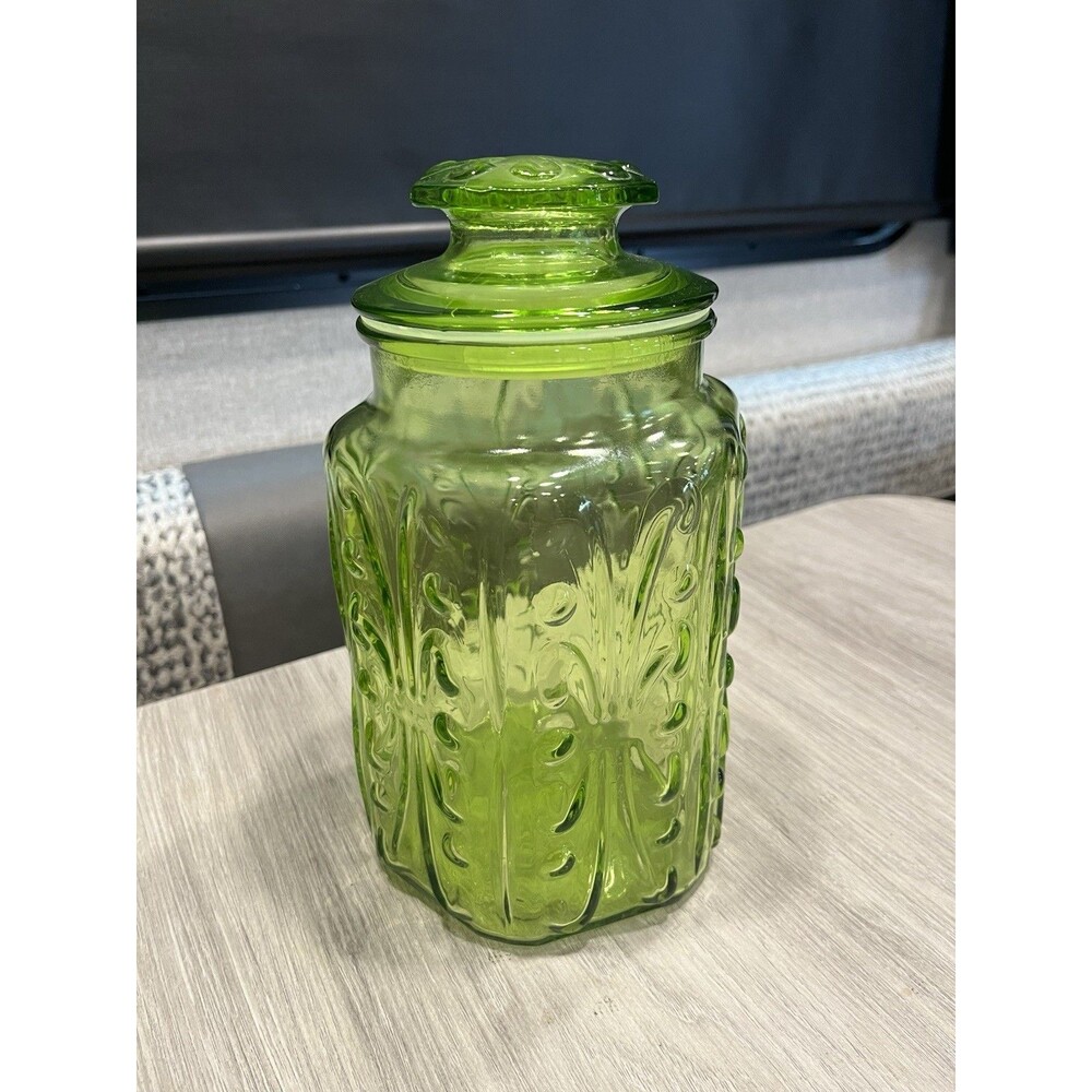 Vtg LE Smith Imperial Atterbury Scroll Green Glass Canister 9" Apothecary Jar